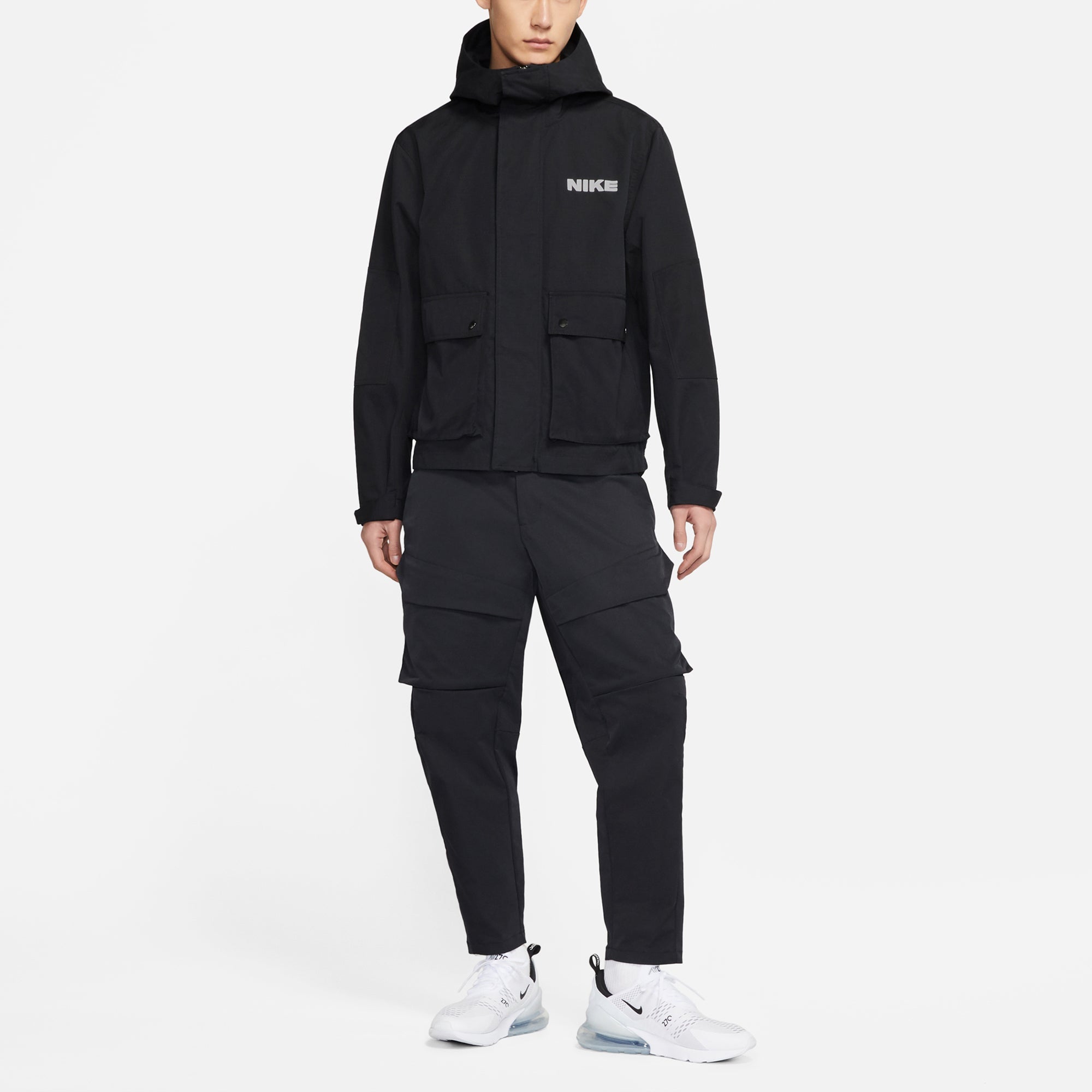 nithtke Sportswear City Made Multiple Pockets Logo Sports Woven Hooded Jacket Black DA0078-010